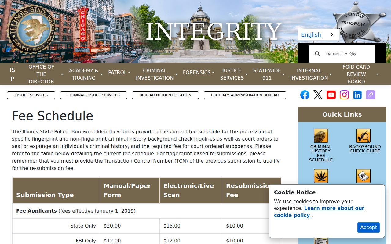 Granville criminal history official Illinois State Police fee schedule
