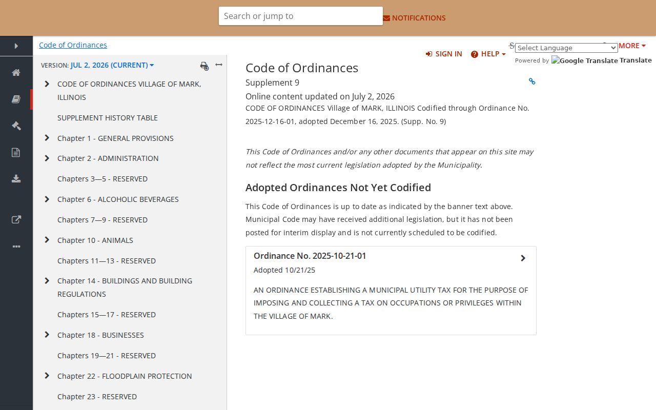 Mark criminal records research in the official municipal code library